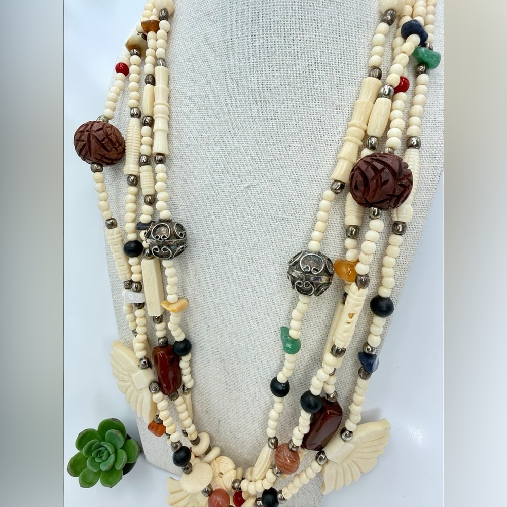 VTG 4 Strand Carved Bone Bead Necklace Jasper Carnelian Sodalite Agate Boho 24” - Picture 6 of 17